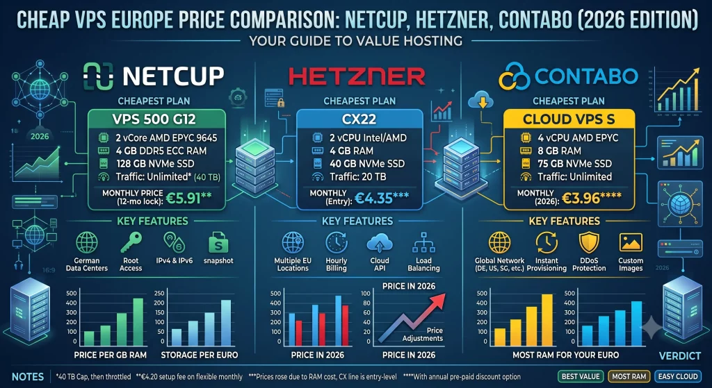 Cheap VPS Europe price comparison Netcup Hetzner Contabo 2026
